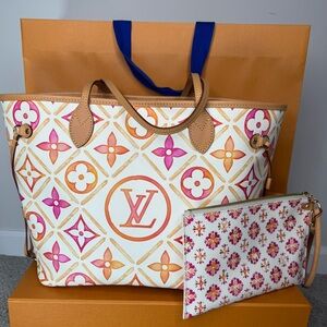 NWT Rare Louis Vuitton Neverfull MM Coral Tile M25317 Full Set Limited Edition
